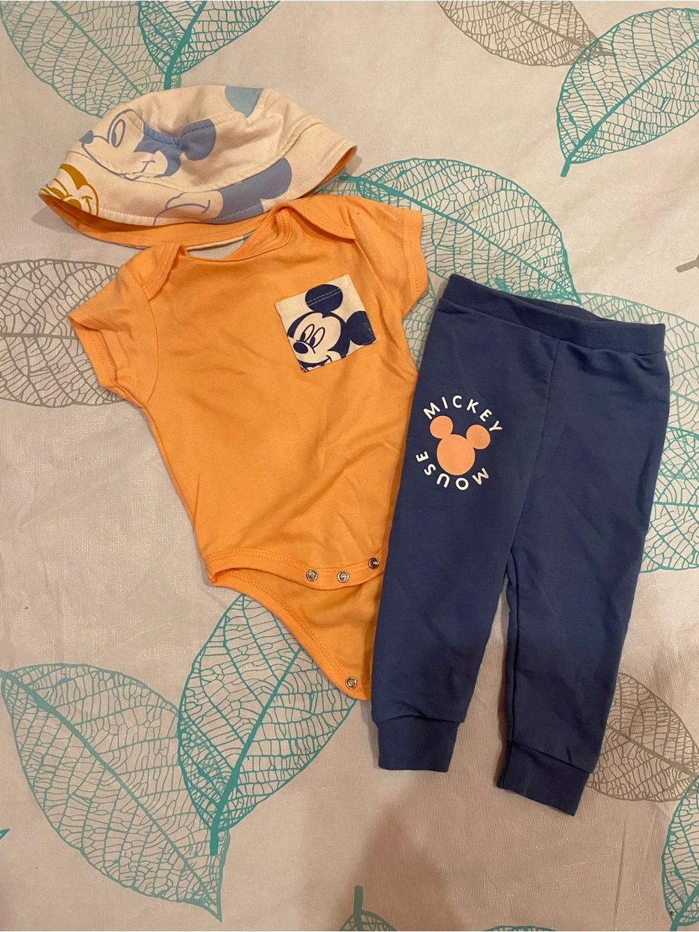Disney Peachy Orange & Blue Mickey Baby Bodysuit Set with Hat